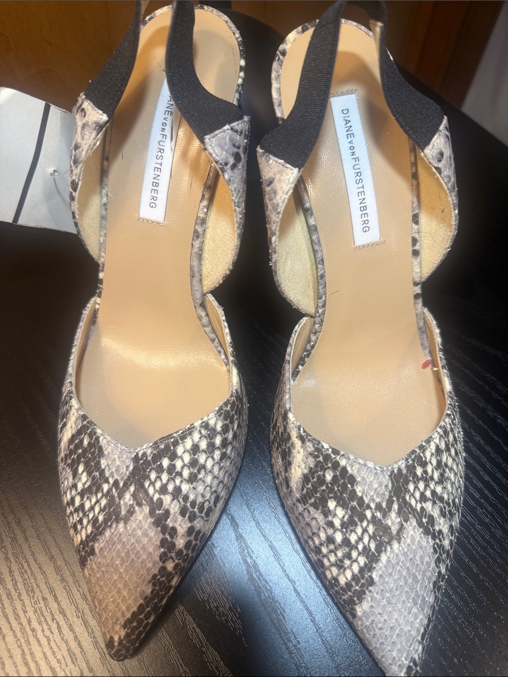 Diane von Furstenberg Neutral Snake-Print Pointed Slingback Heels Made in Italy